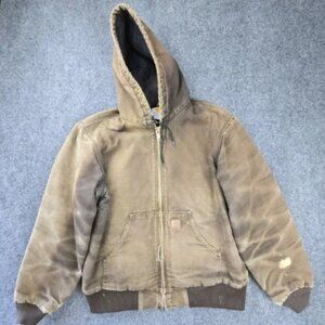 Carhartt J130 DKB Brown Hooded Duck Jacket Quilted Lining Vintage Distressed M